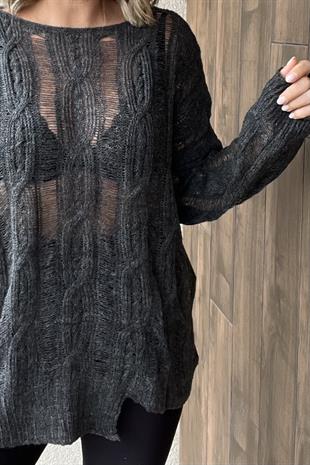 AJURLU SAÇ ÖRGÜLÜ ANTRASİT KAZAK