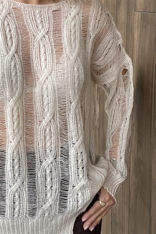 AJURLU SAÇ ÖRGÜLÜ EKRU KAZAK