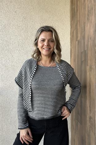 ANTRASİT ÇİZGİLİ ŞAL DETAYLI KAZAK