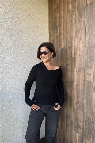 ASİMETRİK YAKA YÜNLÜ FİTİLLİ TRİKO KAZAK