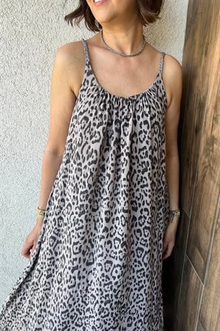 ASKILI LEOPAR ELBİSE - Vizon