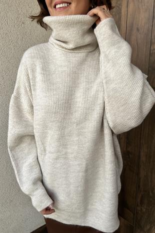 BALIKÇI YAKA OVERSİZE BEJ  KAZAK