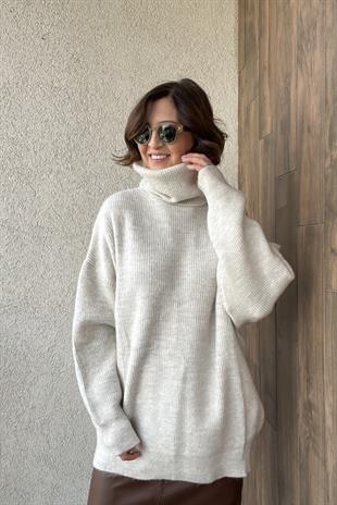 BALIKÇI YAKA OVERSİZE BEJ  KAZAK