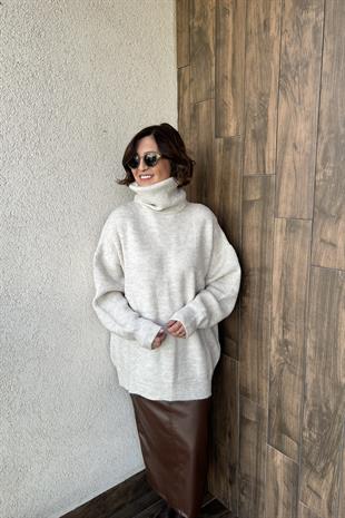 BALIKÇI YAKA OVERSİZE BEJ  KAZAK