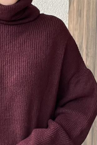 BALIKÇI YAKA OVERSİZE BORDO KAZAK