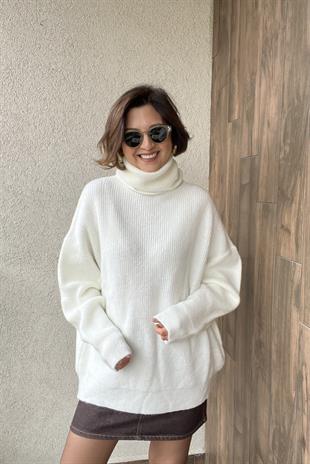 BALIKÇI YAKA OVERSİZE EKRU KAZAK