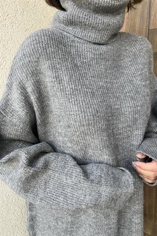 BALIKÇI YAKA OVERSİZE GRİ KAZAK