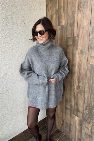 BALIKÇI YAKA OVERSİZE GRİ KAZAK