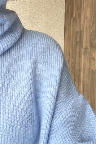 BALIKÇI YAKA OVERSİZE MAVİ KAZAK