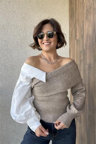 BEJ YAKA GÖMLEK DETAYLI TRİKO KAZAK