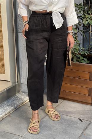 BELİ LASTİKLİ SİYAH KETEN PANTOLON