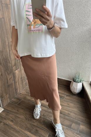BELİ LASTİKLİ VEREV SATEN ETEK - Kiremit
