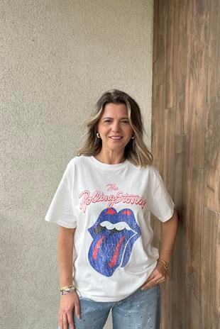 BEYAZ ROLLING STONE BASKILI TİŞÖRT