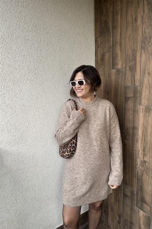 BİSİKLET YAKA BEJ TRİKO ELBİSE