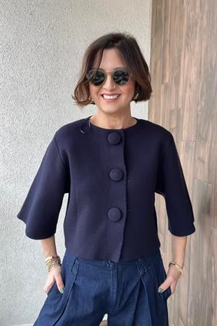 BİSİKLET YAKA ÇITÇIT DÜĞMELİ LACİVERT TRİKO HIRKA