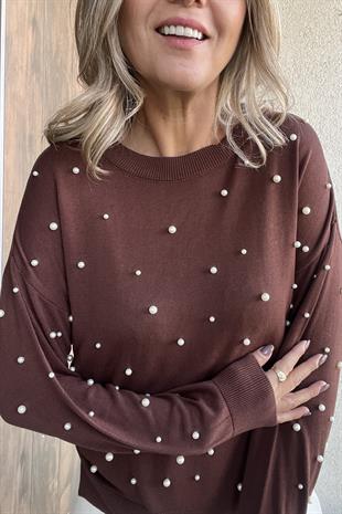 BİSİKLET YAKA İNCİLİ KAHVE TRİKO KAZAK