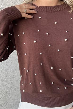 BİSİKLET YAKA İNCİLİ KAHVE TRİKO KAZAK