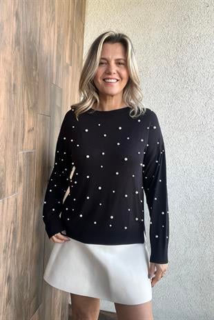 BİSİKLET YAKA İNCİLİ SİYAH TRİKO KAZAK