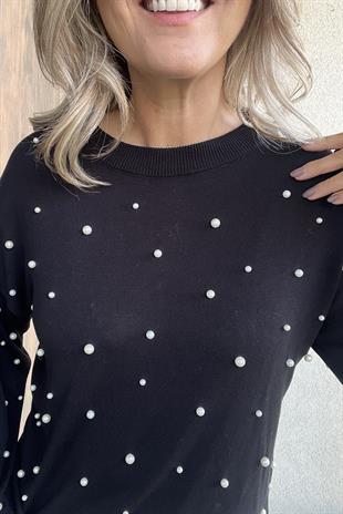 BİSİKLET YAKA İNCİLİ SİYAH TRİKO KAZAK