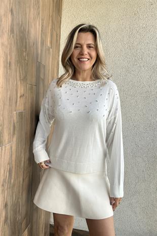 BİSİKLET YAKA TAŞLI EKRU TRİKO KAZAK