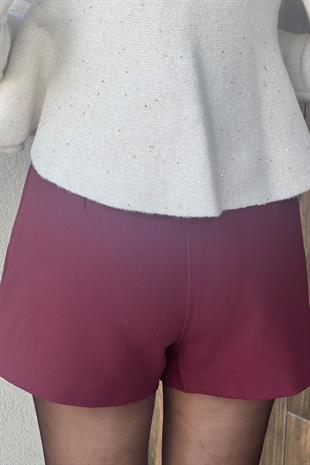 BROŞ DETAYLI BORDO ŞORT ETEK