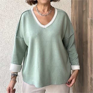 ÇELİK ÖRGÜ V YAKA SWEAT - Mint Yeşil