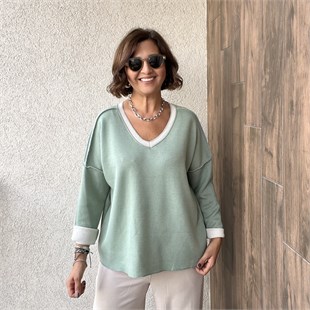 ÇELİK ÖRGÜ V YAKA SWEAT - Mint Yeşil