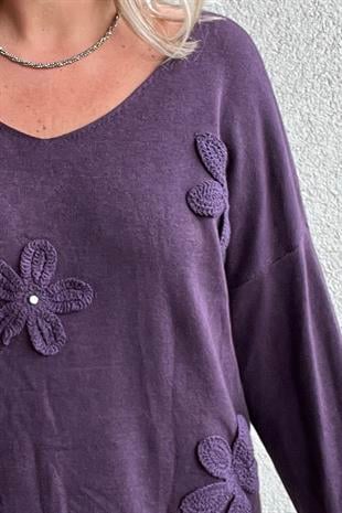 ÇİÇEK KABARTMALI V YAKA MÜRDÜM İTALYAN KAZAK