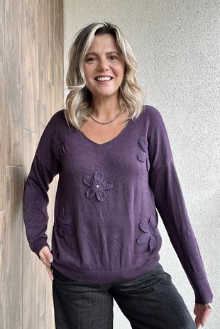 ÇİÇEK KABARTMALI V YAKA MÜRDÜM İTALYAN KAZAK