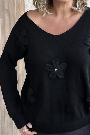 ÇİÇEK KABARTMALI V YAKA SİYAH İTALYAN KAZAK