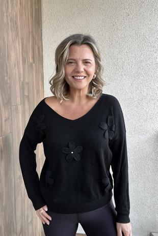 ÇİÇEK KABARTMALI V YAKA SİYAH İTALYAN KAZAK