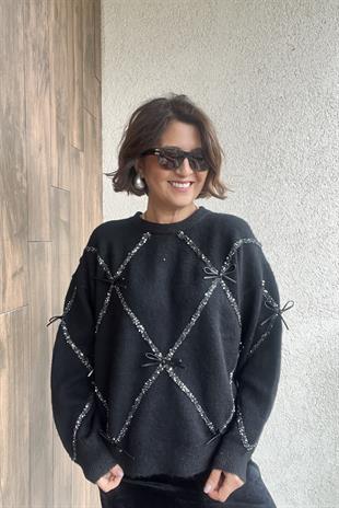 DERİ FİYONKLU PREMİUM  İTALYAN SİYAH KAZAK