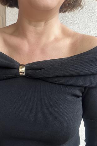 DİLVİN BARDOT YAKA AKSESUARLI SİYAH TRİKO KAZAK