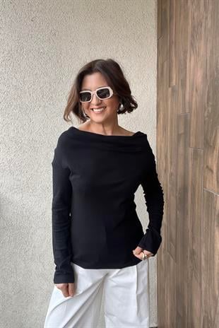DİLVİN DEGAJE YAKA UZUN KOLLU TOP - Siyah