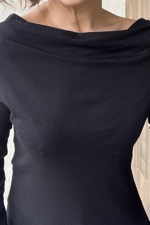DİLVİN DEGAJE YAKA UZUN KOLLU TOP - Siyah