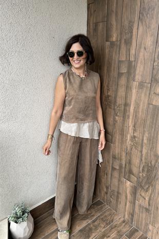 GARNİLİ BLUZ PANTOLON TAKIM - Camel