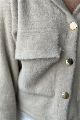 GOLD DÜĞMELİ KAPÜŞONLU ANGORA BEJ HIRKA