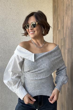 GRİ YAKA GÖMLEK DETAYLI TRİKO KAZAK