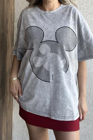 GRİ YIKAMALI MICKEY BASKILI TİŞÖRT