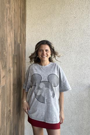 GRİ YIKAMALI MICKEY BASKILI TİŞÖRT