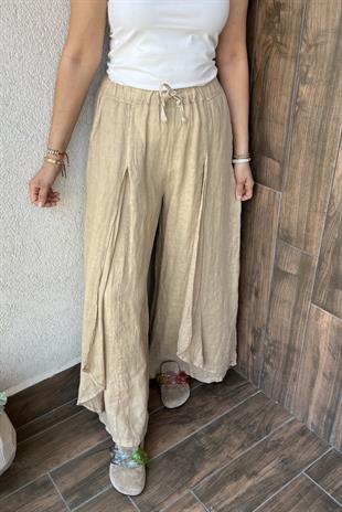 İTALYAN BOL PAÇA KETEN PANTOLON - Camel