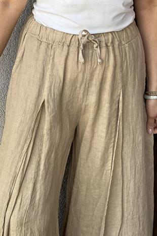 İTALYAN BOL PAÇA KETEN PANTOLON - Camel