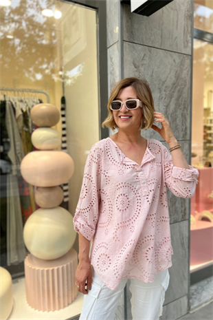 İTALYAN ÇİFT PARÇALI DELİKLİ PEMBE BLUZ