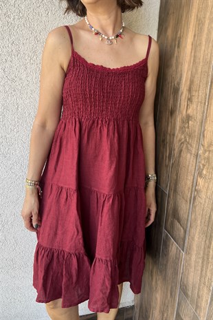İTALYAN DRAPELİ KETEN ELBİSE - Bordo