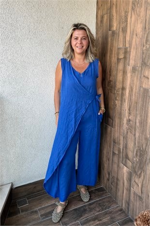 İTALYAN FERMUARLI YANDAN BAĞLAMALI KOLSUZ TULUM - Saks Mavi