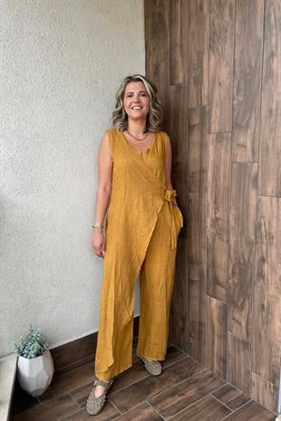İTALYAN FERMUARLI YANDAN BAĞLAMALI KOLSUZ TULUM - Hardal ÖN SİPARİŞ