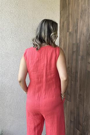 İTALYAN FERMUARLI YANDAN BAĞLAMALI KOLSUZ TULUM - Nar Çiçeği