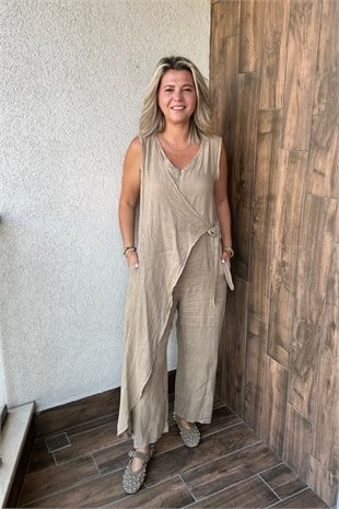 İTALYAN FERMUARLI YANDAN BAĞLAMALI KOLSUZ TULUM - Camel