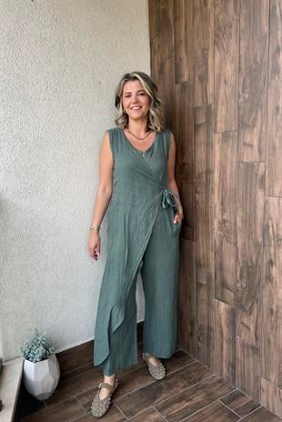 İTALYAN FERMUARLI YANDAN BAĞLAMALI KOLSUZ TULUM - Haki ÖN SİPARİŞ