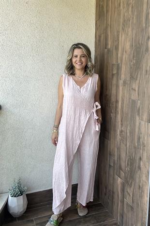 İTALYAN FERMUARLI YANDAN BAĞLAMALI KOLSUZ TULUM - Açık Pembe